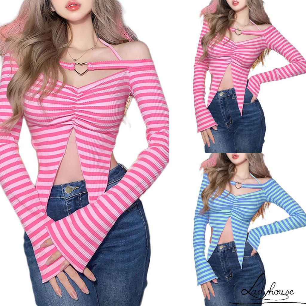 Áo Tay Dài Hở Vai Họa Tiết Sọc Ngang Thời Trang Dành Cho Nữ