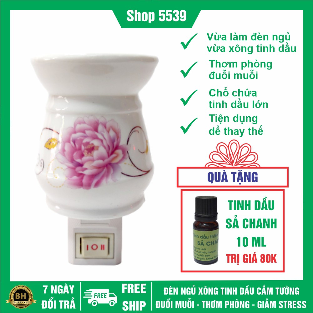 Đèn ngủ xông tinh dầu ⚡️ TẶNG TINH DẦU ⚡️ Đèn ngủ xông tinh dầu mini bằng sứ tặng kèm chai tinh dầu sả chanh 10 ml