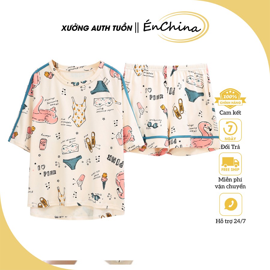 Bộ mặc nhà nữ họa tiết dễ thương- Bộ cộc tay nữ chất cotton thoải mái có bigize cho người béo, ÉnChina xưởng Auth tuồn
