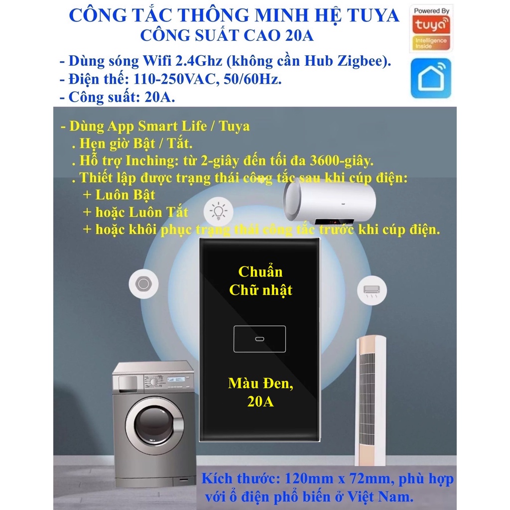 Công tắc thông minh Tuya công suất lớn 20A cho Máy nước nóng/ Máy lạnh/ Bếp điện App Tuya/ Smart Life/ Home Assistant -