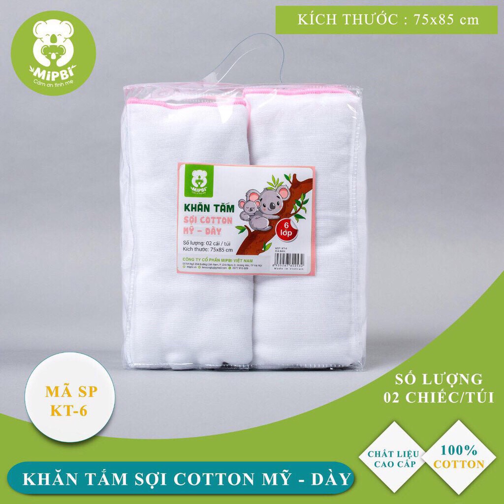 Set 2 khăn tắm sợi cotton Mỹ dày Mipbi 4 lớp, 6 lớp