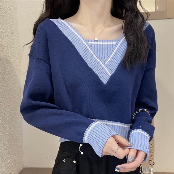 Áo Dệt Kim Tay Dài Giả Hai Lớp Cổ Chữ V Phong Cách Nhật Bản Thời Trang Mùa Thu Hàng Mới Dành Cho Bạn Nữ