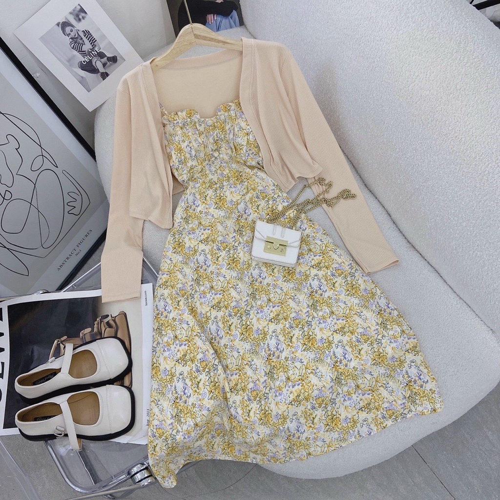 Set Đầm 2S 💖DEMISS💖 Set Đầm 2D Hoa Viền Bèo Kèm Khoác Crop Dễ Thương - SET-HOA-VÀNG-46