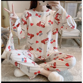 Đồ Ngủ Nữ - Set Đồ Dài Kèm Túi, Gấu + Cherry Cột Nơ
