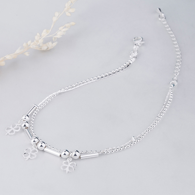 Lắc Chân Lucky Clover Beads Silver Anklet Flower Double Layers Foot Jewelry Ankle Chain Gift | BigBuy360 - bigbuy360.vn