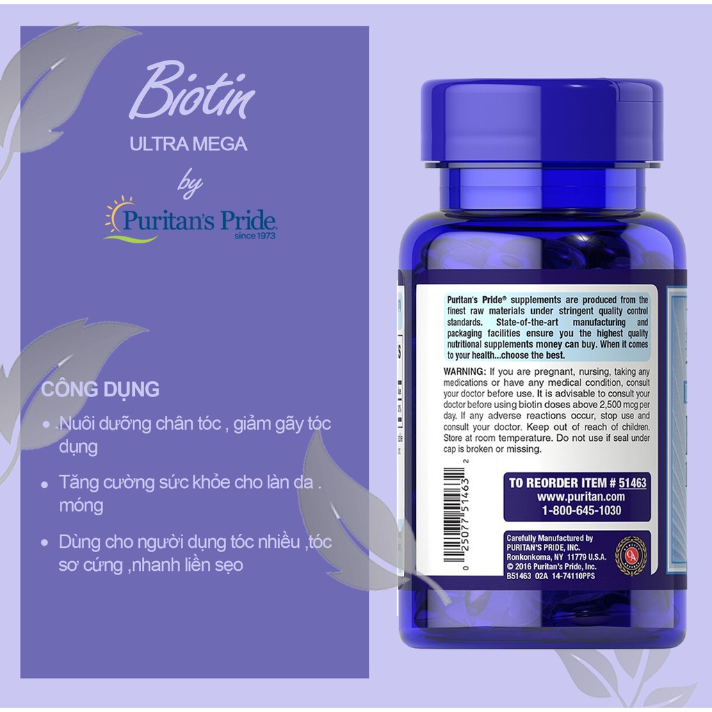 [Puritan's Pride] Viên uống làm đẹp tóc và da Biotin 10000mcg- 100 viên nhập khẩu Mỹ