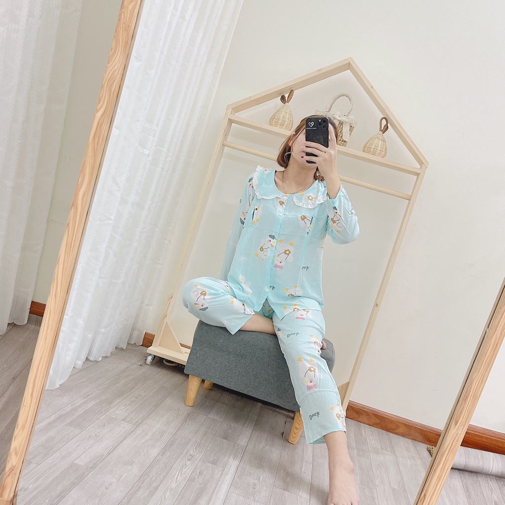 Bộ Bầu Sau Sinh Dài Tay Lanh Siêu Mát, Có Khóa Cho Con Bú (Free Size 45-58kg)