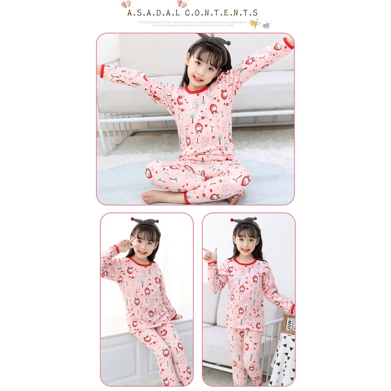Set đồ ngủ cổ tròn dài tay lót nhung giữ ấm phong cách Hàn Quốc thời trang thu đông cho bé gái 90-170CM