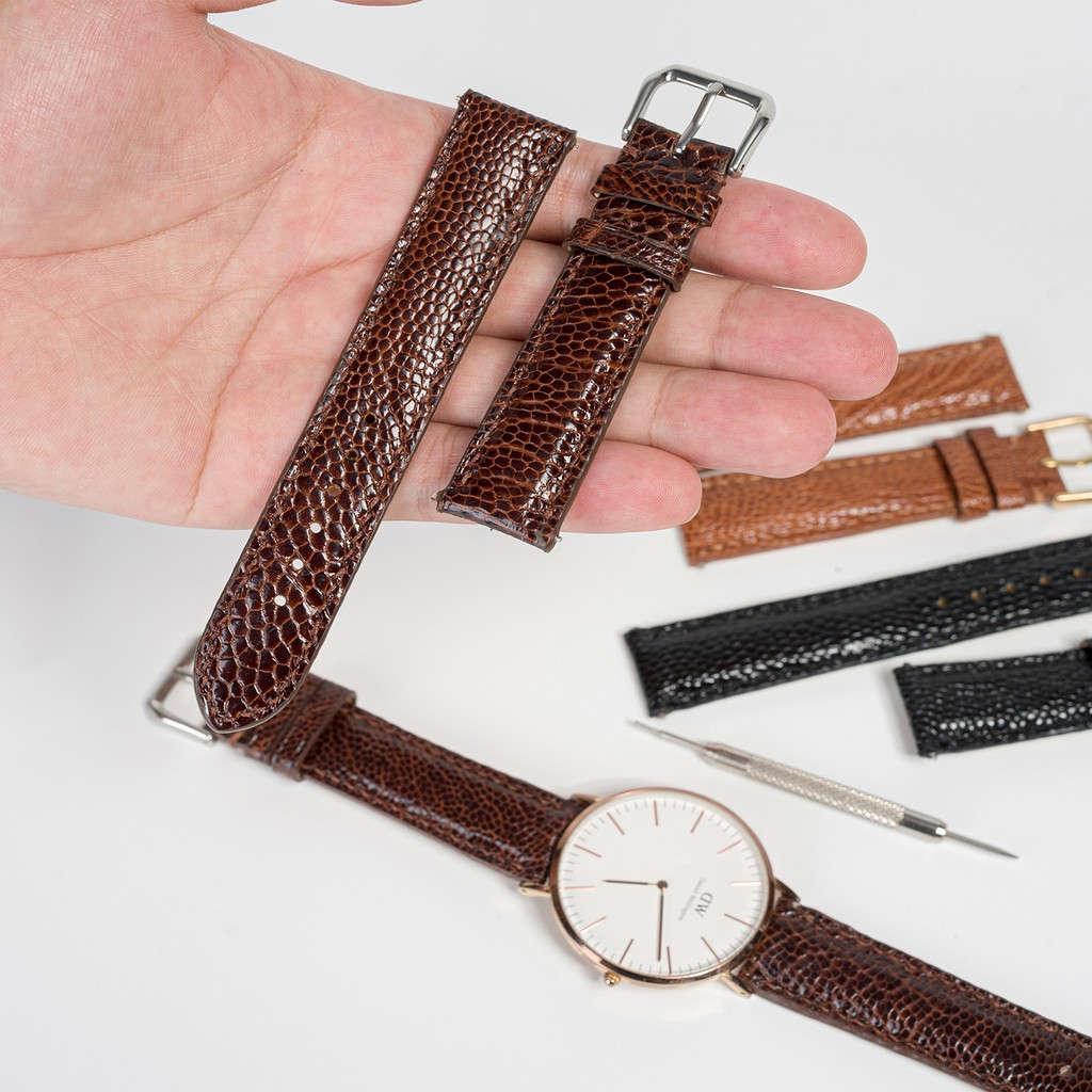 Dây da đồng hồ nam da đà điểu-khâu tay thủ công D104 size 18mm, 20mm, 22mm, 24mm-Bụi leather