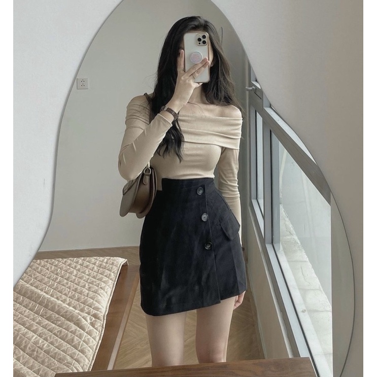 Set Áo Len Trễ Vai Mix Chân Váy Nhung Tăm