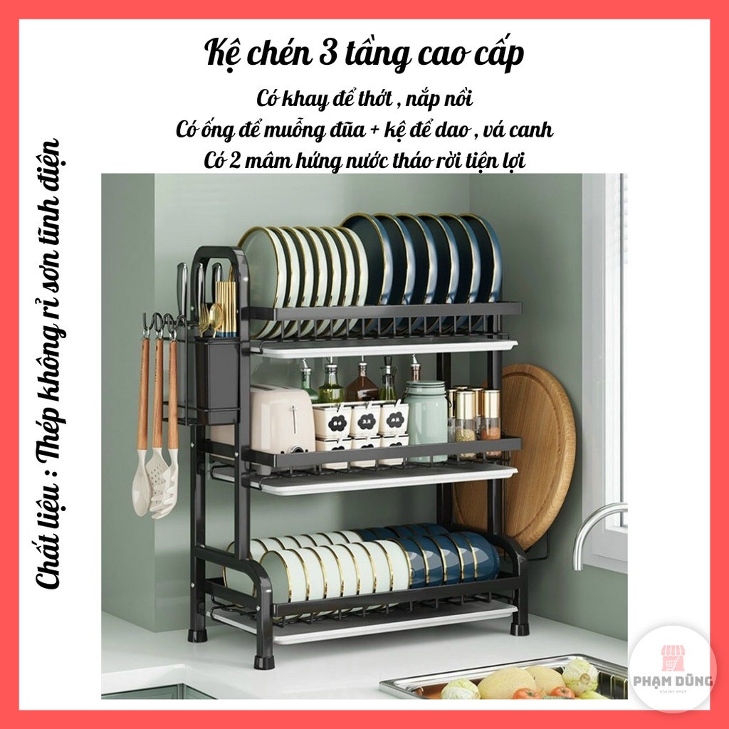 Kệ chén 3 tầng đa năng có khay thoát nước , kệ bát đĩa 3 tầng thép sơn tĩnh điện cao cấp