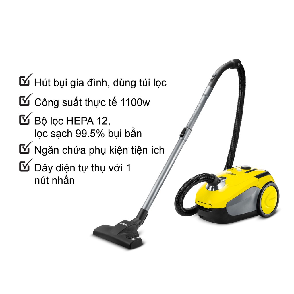 Máy hút bụi khô dùng túi lọc Karcher VC2 công suất 1100W - bộ lọc Hepa - dung tích túi bụi đến 2.8 lít