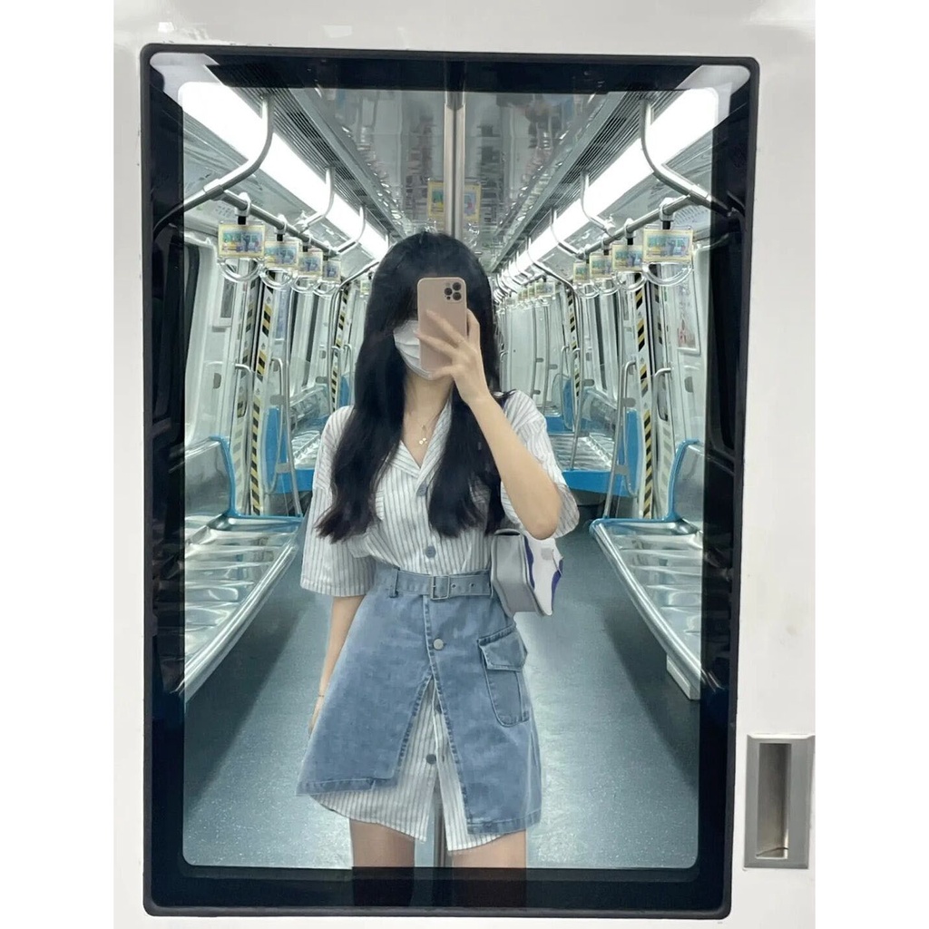 Set áo sơ mi dáng rộng kẻ sọc + chân váy denim phong cách Hàn Quốc thời trang mùa hè cho nữ có bán lẻ