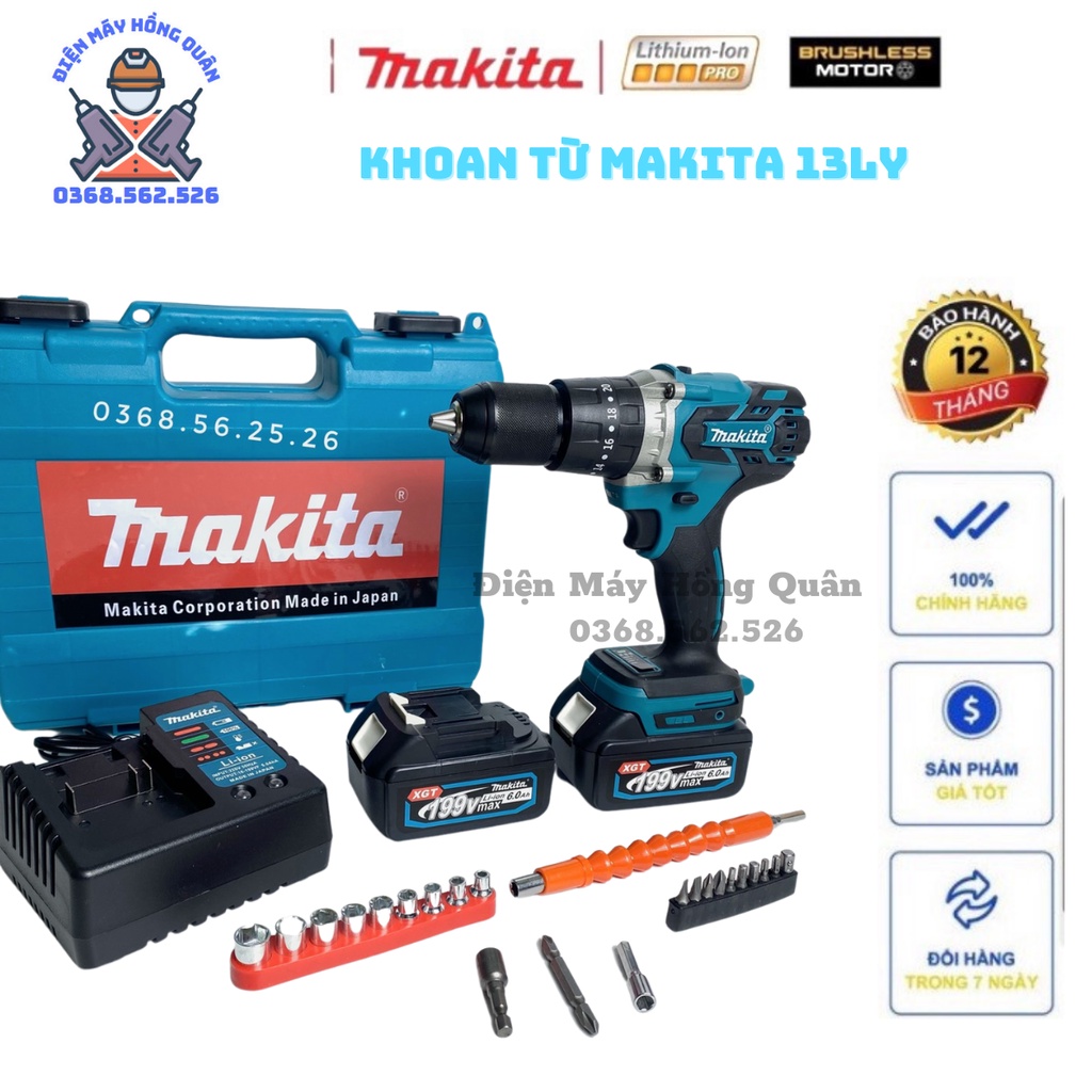 Máy khoan pin , máy bắn vít MAKITA 199v lõi đồng 100% , đầu 13mm