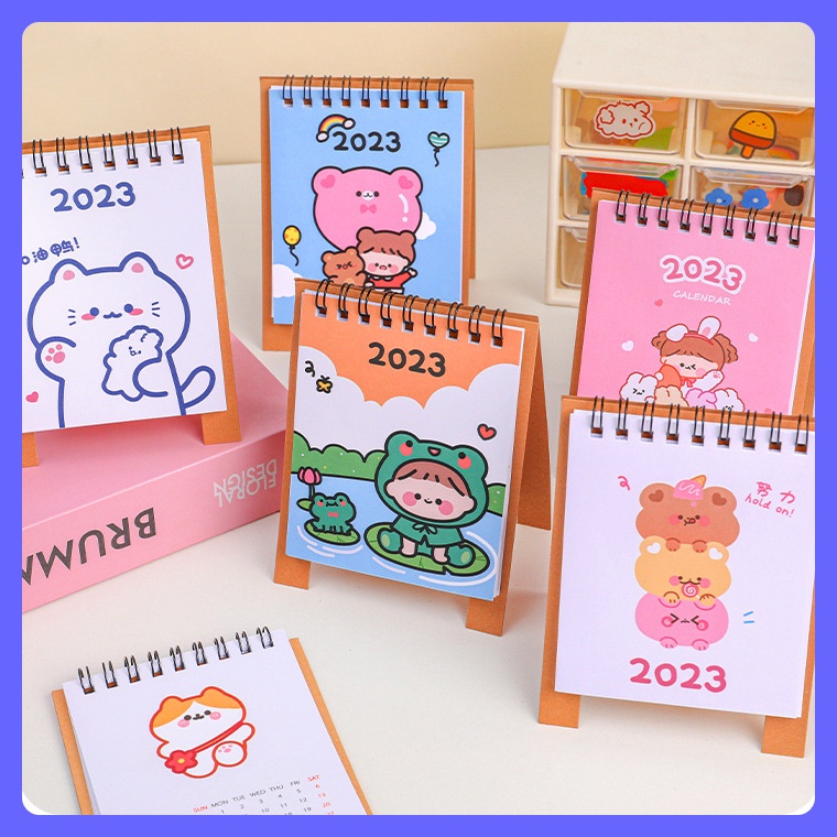 Lịch 2023 để bàn hình gấu thỏ dễ thương - Lịch chữ A mini trang trí bàn học, bàn làm việc kèm NOTE cute, Sỉ Lịch 2023