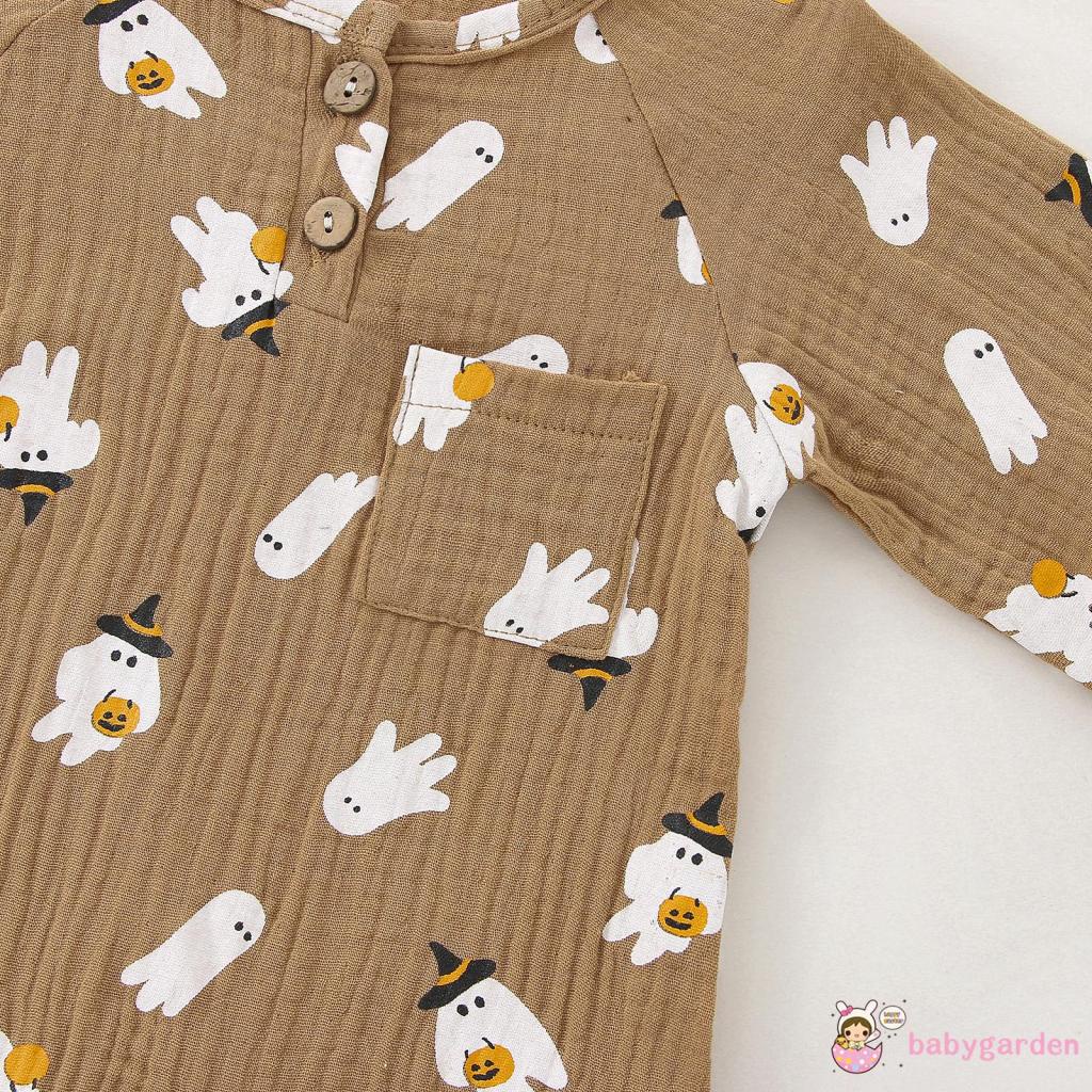 Áo Liền Quần Tay Dài Cổ Tròn In Hình Ma Bí Ngô Có Nút Và Túi Cho Bé 0-18 Tháng Tuổi