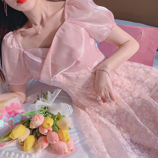 Thiết kế váy hồng công chúa, váy ngắn tay hoa mới mùa hè