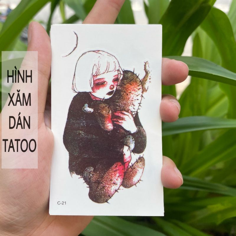 Hình xăm cô gái ôm xương rồng c21. Tatoo dán tạm thời size &lt;10x6cm