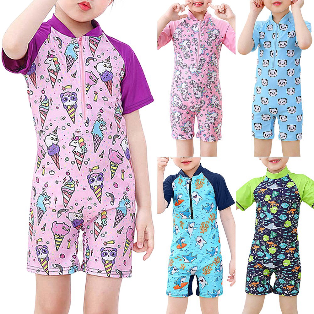 1-6 Years Old Girls Short Sleeve Suit Swimsuit Zipper Cartoon Unicorn Summer