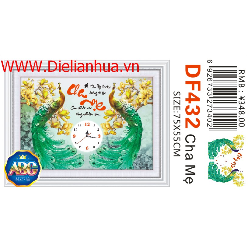 Tranh đính đá đồng hồ Cha Mẹ. Kích Thước: 75x55cm