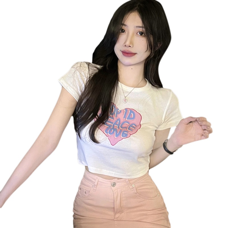 Áo Thun Crop Top Màu Trơn In Họa Tiết Trái Tim Và Chữ brroa Thập Niên 80 Phong Cách Vintage Dành Cho Nữ