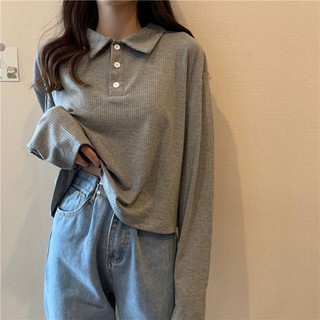 Áo Croptop Cổ Polo Ulzzang Gân Thun Basic Tay Dài