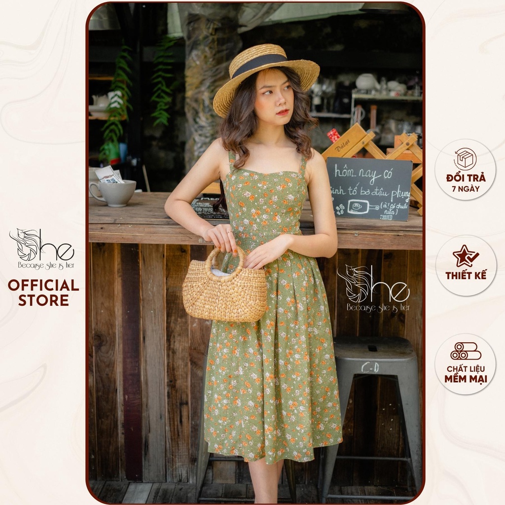 Váy 2 dây đi biển hoa xinh She, Đầm nữ xếp li VINTAGE du lịch thời trang SDX34
