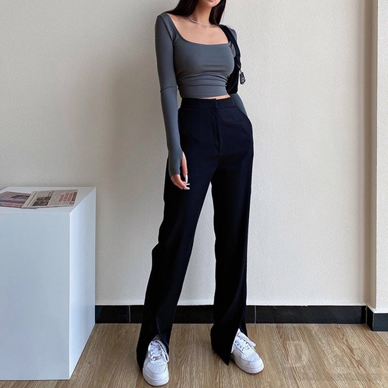 Quần Dài Ống Rộng Xẻ Tà Kèm Thắt Lưng Sành Điệu Thời Trang Cho Nữ