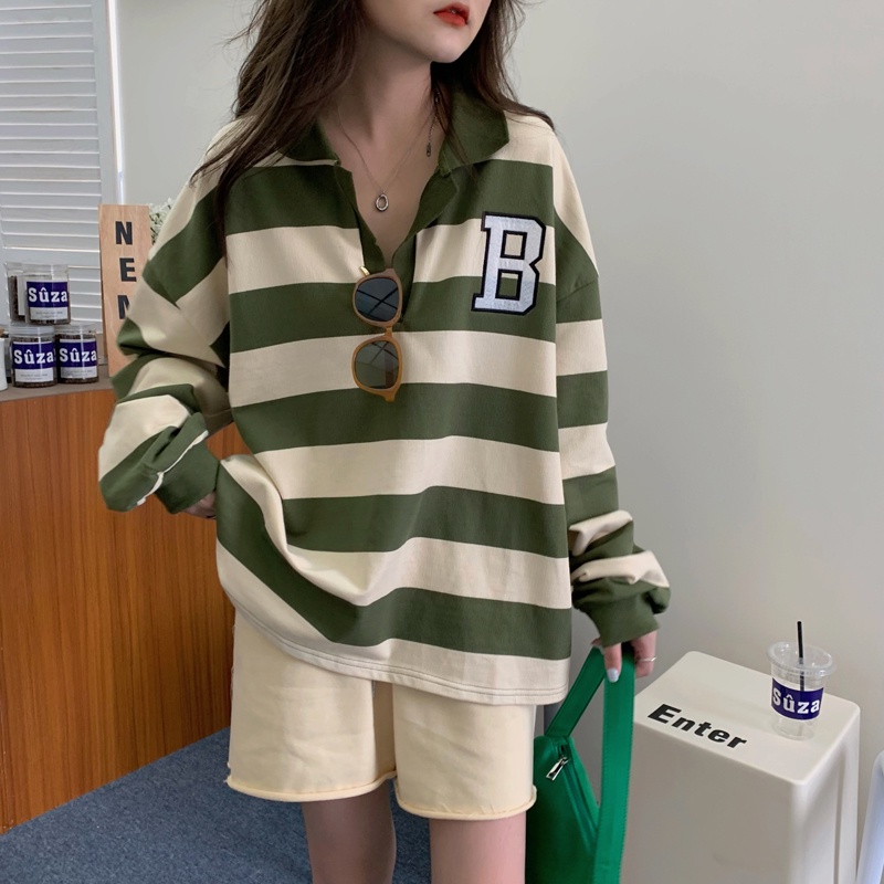 Áo thun polo kẻ sọc tay dài dáng rộng phong cách thời trang mới 45521 | BigBuy360 - bigbuy360.vn