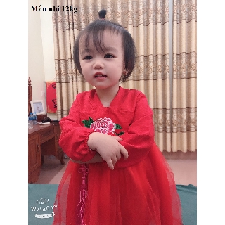 Váy bé gái cách tân Hanbok lụa phối ren mềm mại