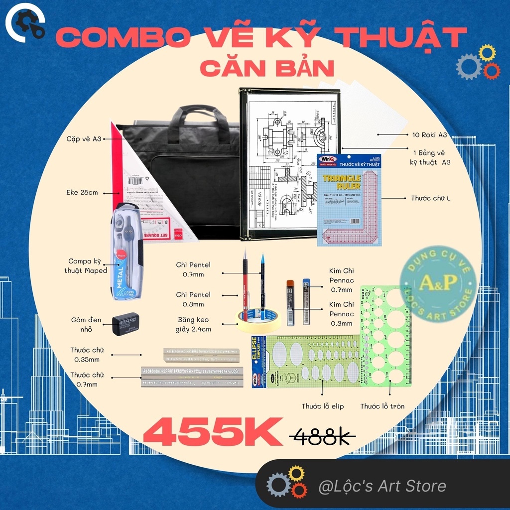 [Lộc's Art Store] Combo vẽ kỹ thuật cơ bản cho sinh viên kỹ thuật xây dựng và kiến trúc