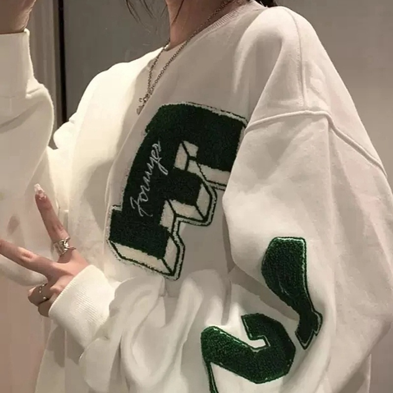 Porozi  Áo sweatshirt cổ tròn họa tiết chữ phong cách Hàn Quốc cho nữ