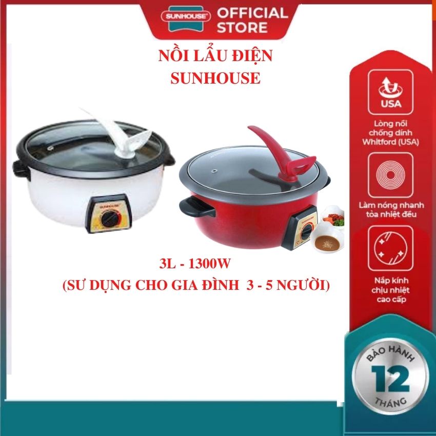 Nồi lẩu điện đa năng SUNHOUSE SHD4521-2022 dung tích 3L chống dính cao cấp dùng nấu lẩu hầm rán xào