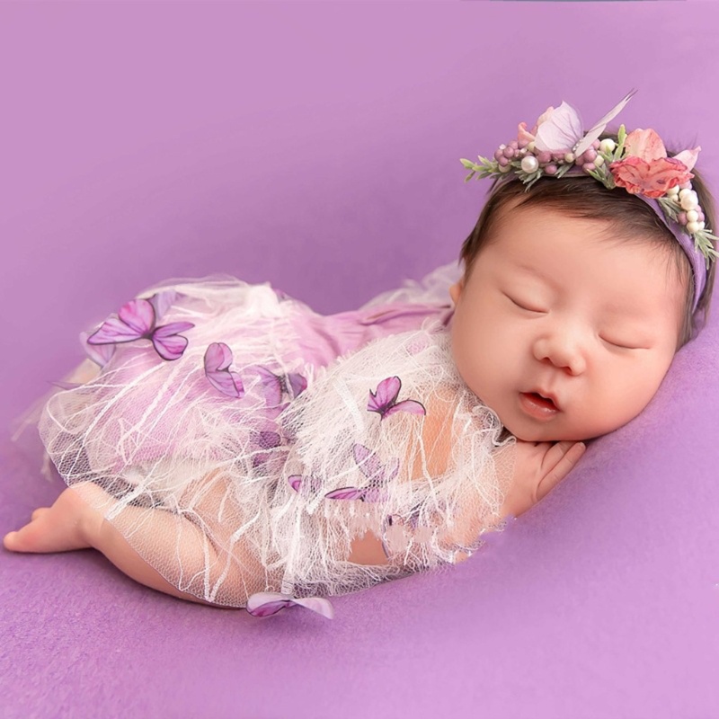 Set 2 Món Đầm Công Chúa Phối Ren Dễ Thương + Băng Đô Thời Trang Làm Phụ Kiện Chụp Ảnh Cho Bé Gái
