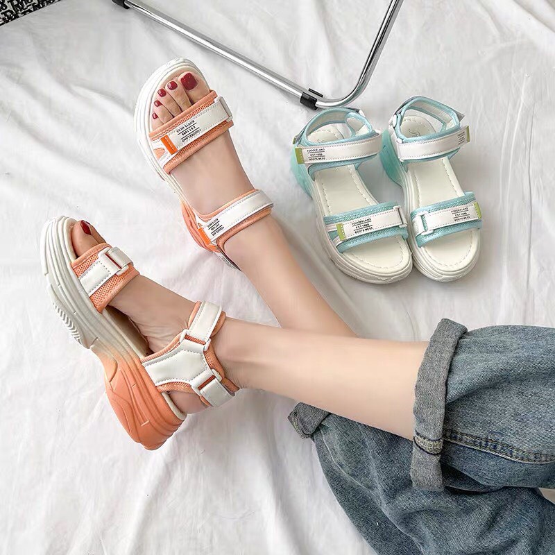Dép sandal quai hậu học sinh đế xuồng màu xanh-Sandal quai hậu độn đế 4cm