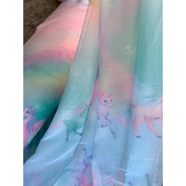 Vải Lưới Ombre Xanh In Hình Ngựa Pony