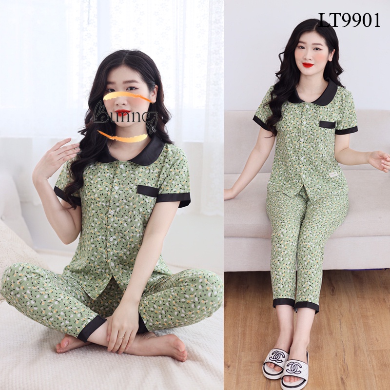 QUẦN ÁO BỘ NỮ MẶC NHÀ CHẤT LIỆU LỤA HÀN MỀM MÁT, KIỂU DÁNG PIZAMA CỘC TAY QUẦN DÀI