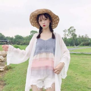 Set áo 2 dây đan len phối lưới áo khoác chiffon