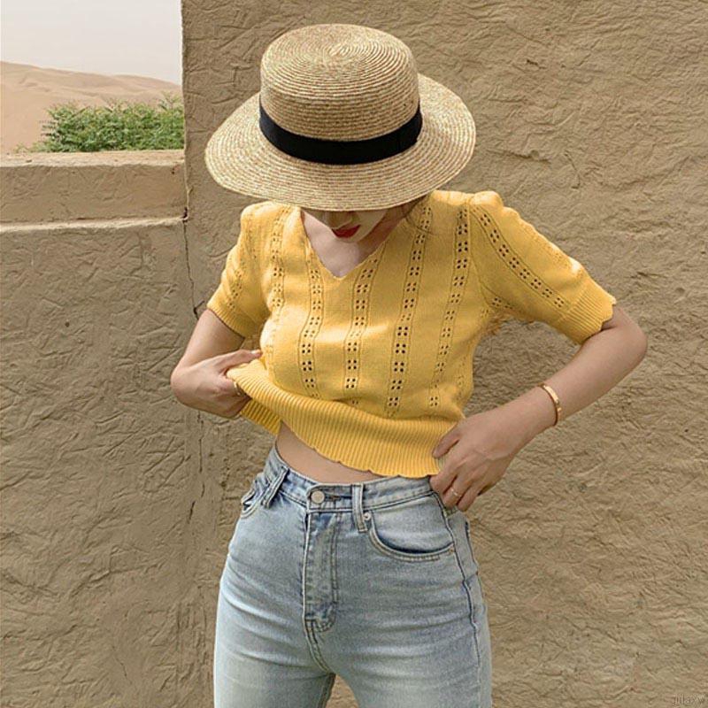 Áo dệt kim ngắn tay cổ chữ v thời trang mùa hè cho nữ