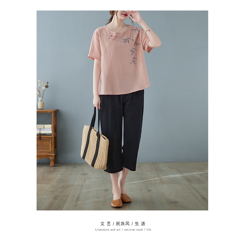 Áo nữ cổ tròn chất đũi siêu mềm mát, thêu họa tiết lá liễn trang nhã