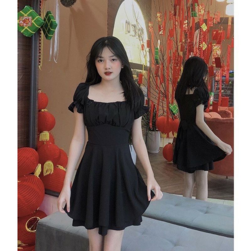 VÁY Trễ Vai cổ vuông ngắn tay Nơ lưng 2 lớp FREESIZE  Đầm Vintage tiểu thư Bánh Bèo Nhún Tay Sang chảnh