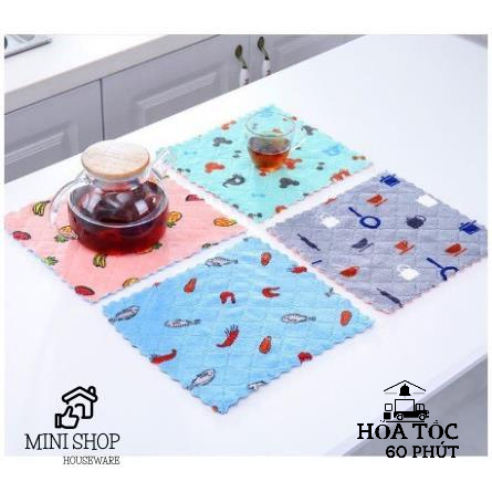 Khăn Lau Chén Đĩa Vải San Hô In Họa Tiết Hoạt Hình 25x25cm
