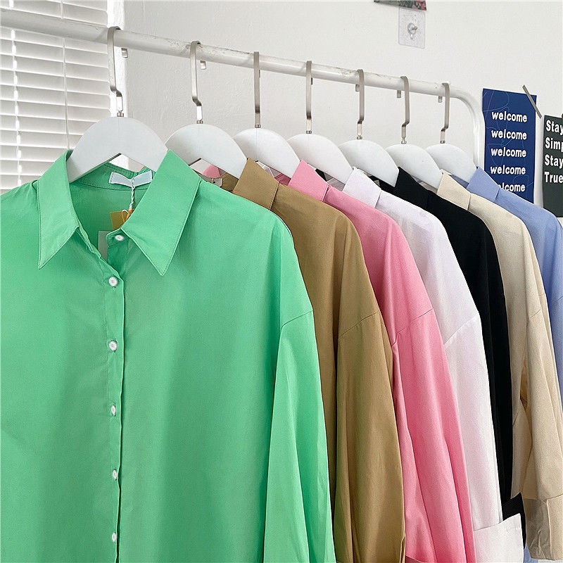 Áo sơ mi tay dài dáng rộng màu trơn phong cách Hàn Quốc thời trang xuân thu cho nữ