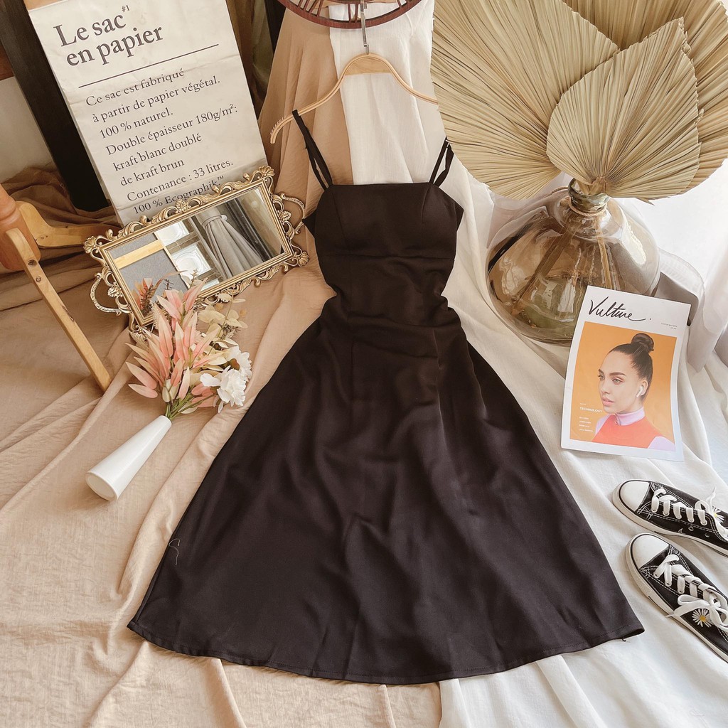 [Mã SKAMA06 giảm 8% tối đa 50K đơn 250K] ĐẦM MIDI ĐEN 2 DÂY XOÈ | BigBuy360 - bigbuy360.vn