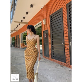 Váy 2 dây kẻ Caro chất Đũi Lụa Mềm mát