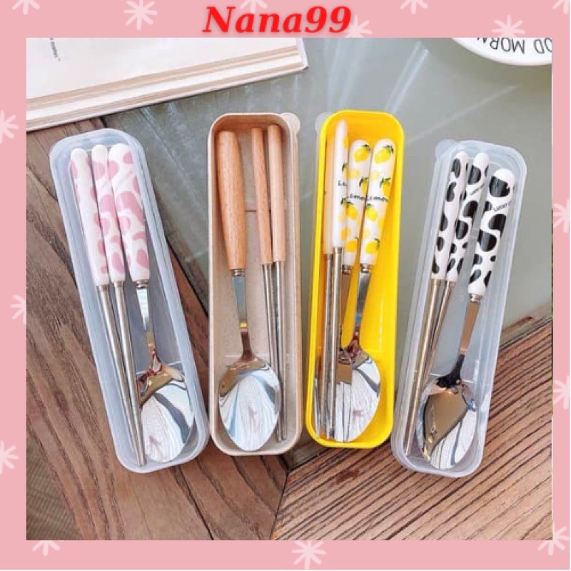 💖Set Đũa Muỗng [FREESHIP] Có Hộp Hoạ Tiết Bò Sữa Cực Xinh