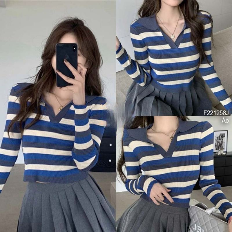 Áo thun len sọc ngang phối màu cổ bẻ tay dài