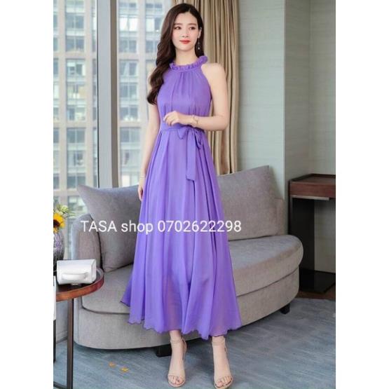 TCO-Ảnh thật Đầm Maxi váy Dài Cổ Xếp Ly Thời Trang TASA (trắng, tím) xòe đi biển thắt nơ eo nhẹ nhàng