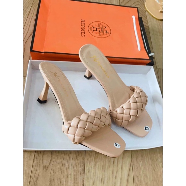 Guốc lê nữ quai tết cao gót 6cm xoắn bện thừng đan bính phồng mũi vuông ộm chân hot trend sang chảnh đẹp