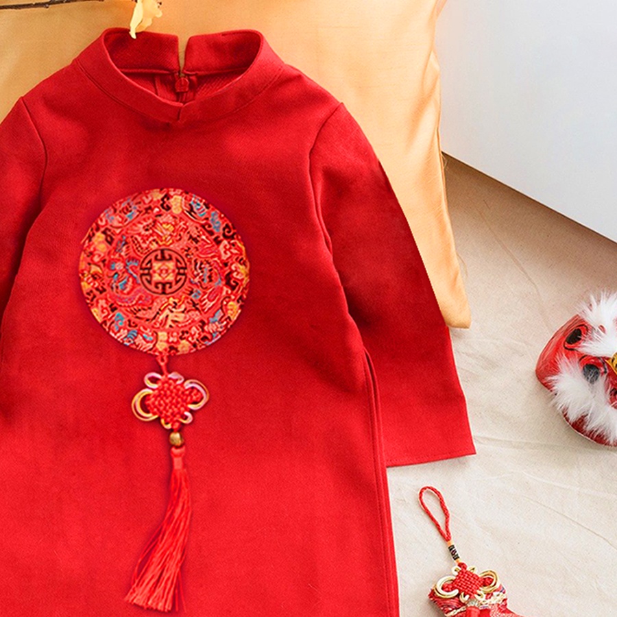 Áo dài cách tân bé trai chất tex nhung đỏ trước ngực KUBIN STORE